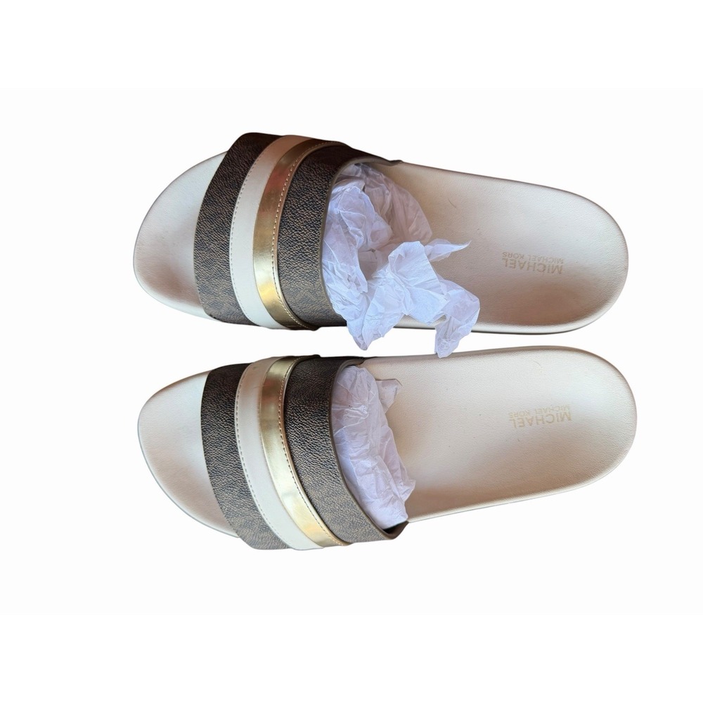 Michael Kors slide brandy metallic striped logo sandal cream NEW Size 10